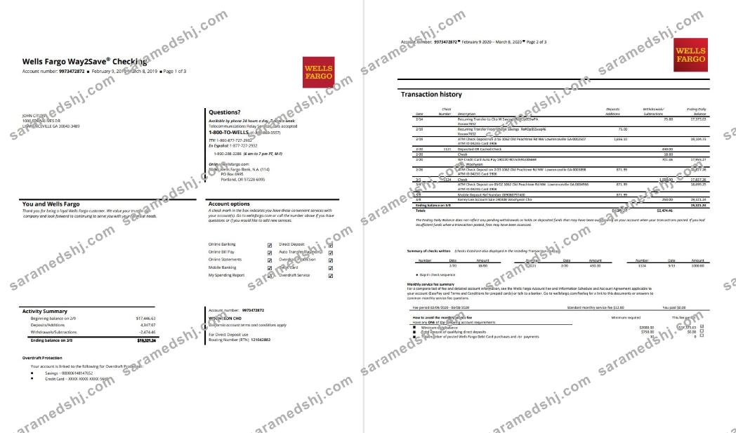 USA Wells Fargo bank statement 3 pages